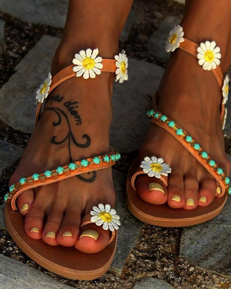 

Flower Embellished Stud Detail Flat Sandals, Brown