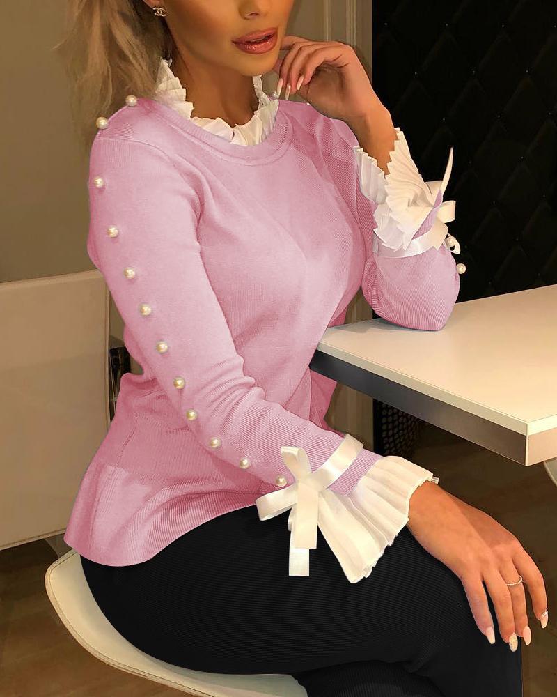 

Bowknot Beaded Buttoned Bell Cuff Sweater, Pink