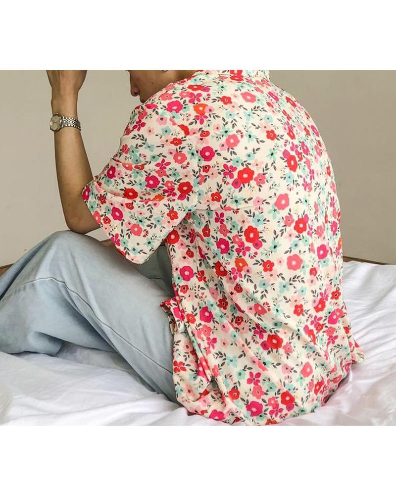 

Vintage Floral Print Short Sleeve T-shirt, Red