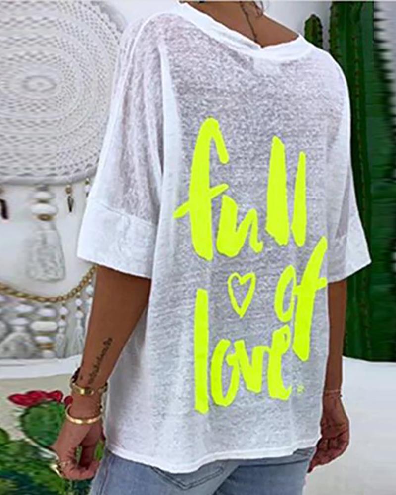 

Letter Heart Print Half Sleeve Casual Top, Yellow