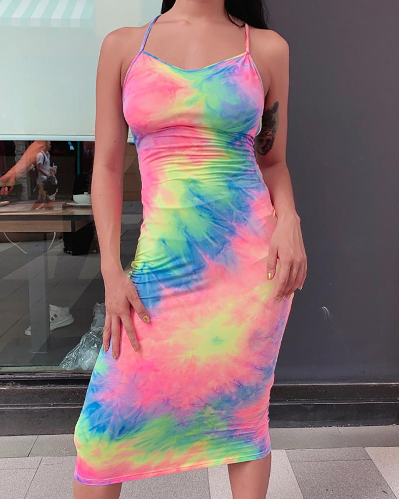 

Tie Dye Print Crisscross Backless Bodycon Dress, Multicolor