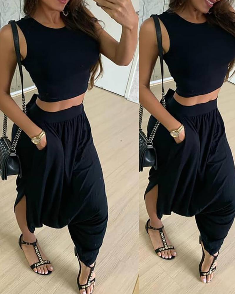 

Sleeveless Plain Skinny Top & Pocket Design Pants Set, Black