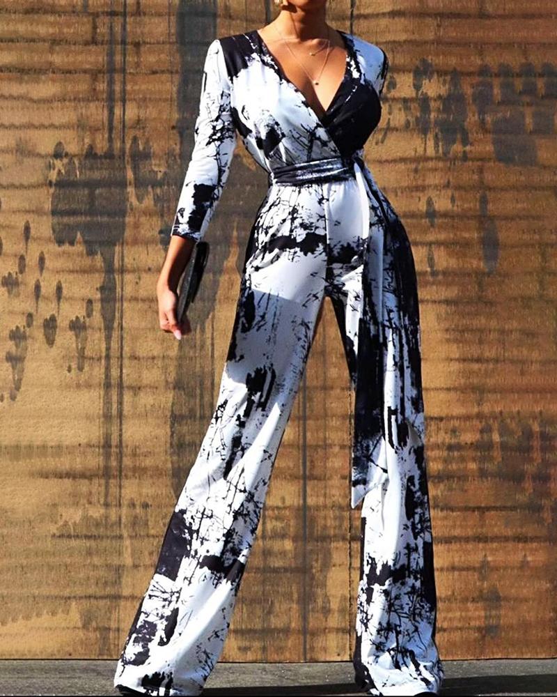 

Tie Dye Print Surplice Neck Casual Jumpsuit, White