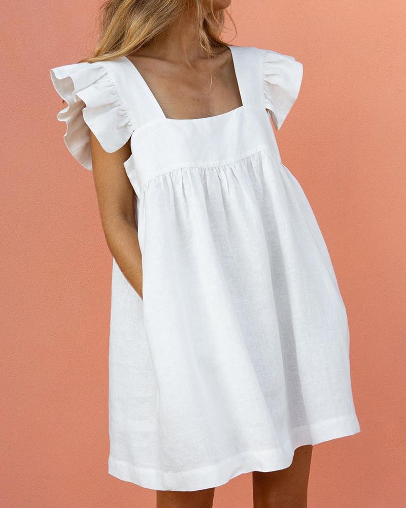 

Square Neck Ruffle Sleeve Dress, White