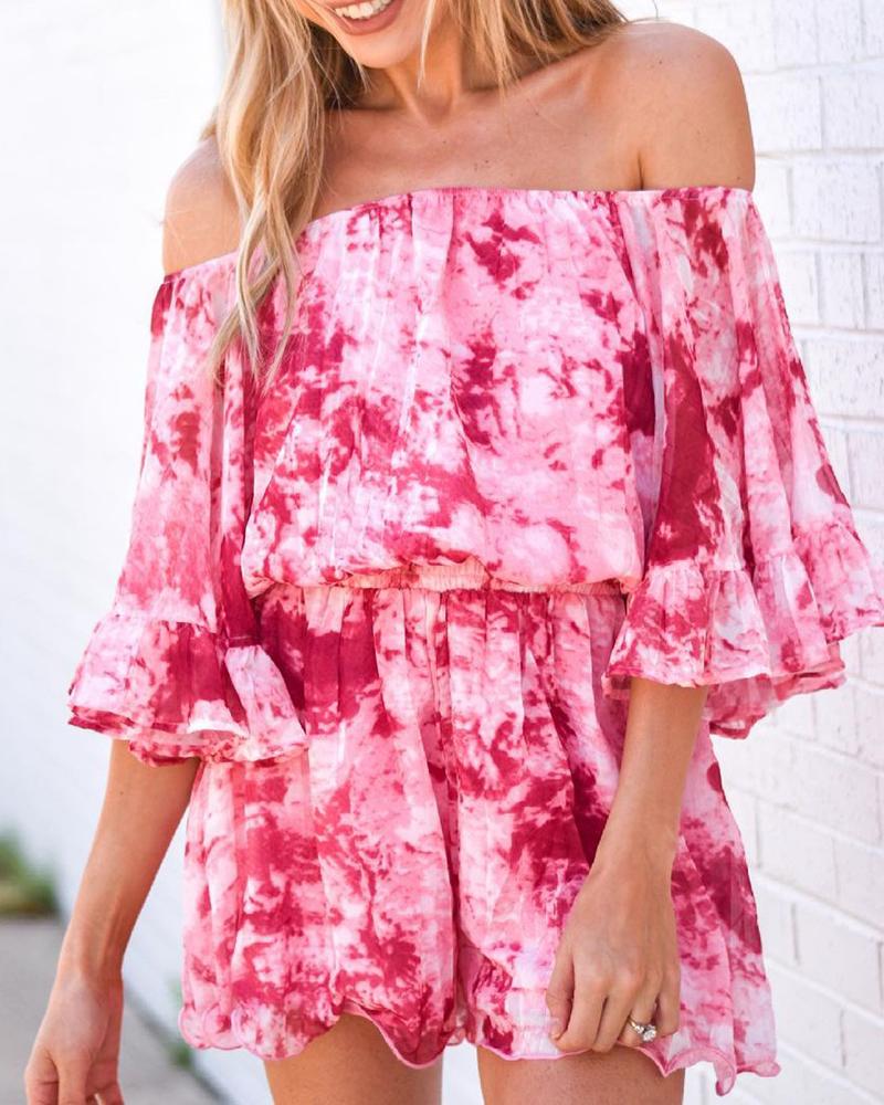 

Off Shoulder Tie Dye Print Frill Hem Romper, Hot pink