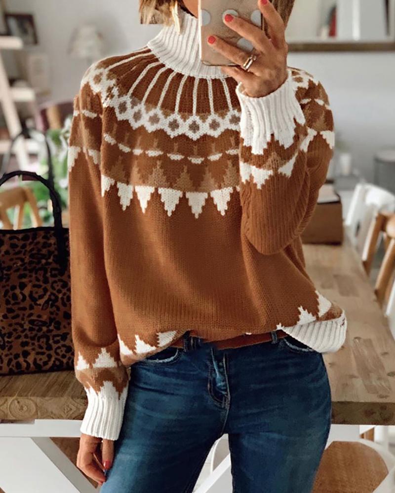 

Christmas Pattern Long Sleeve Knit Sweater, Brown