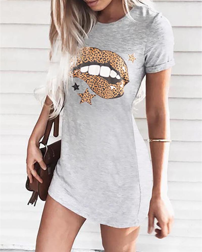 

Star Lip Leopard Print Casual Women Dress, Gray