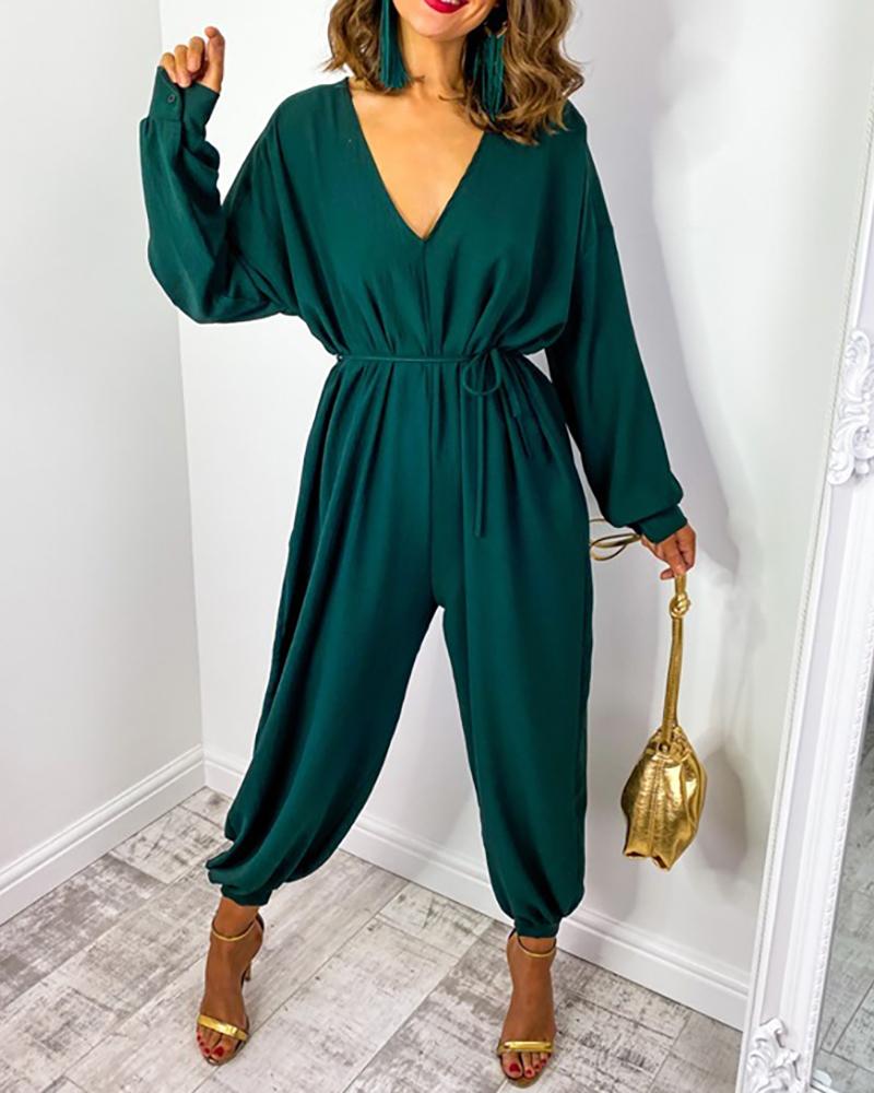 

Plain Long Sleeve Loose Jumpsuit, Green