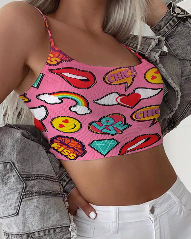 

Cartoon Print Crop Top, Pink