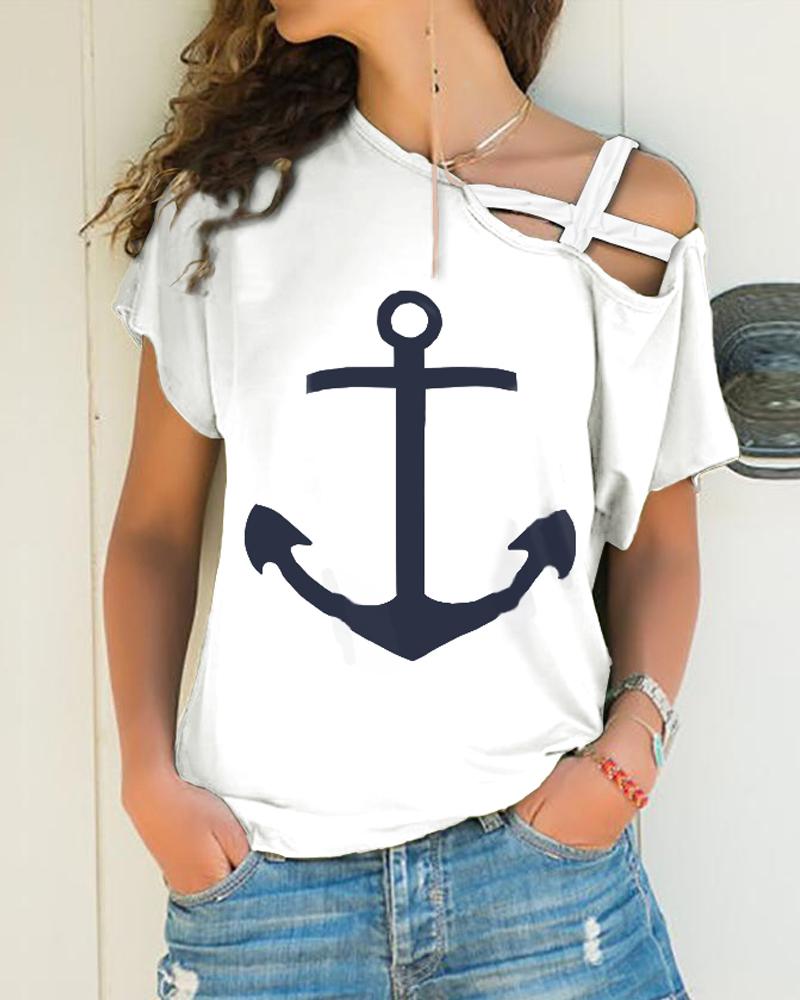 

X-strap Cold Shoulder Boat Anchor Print T-Shirt, White