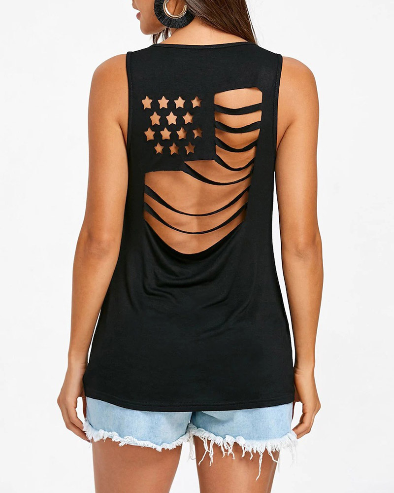 

Star Pattern Cutout Back Casual Tank Top, Black