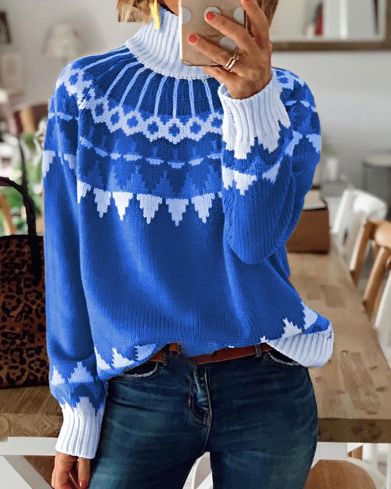 

Christmas Pattern Long Sleeve Knit Sweater, Blue