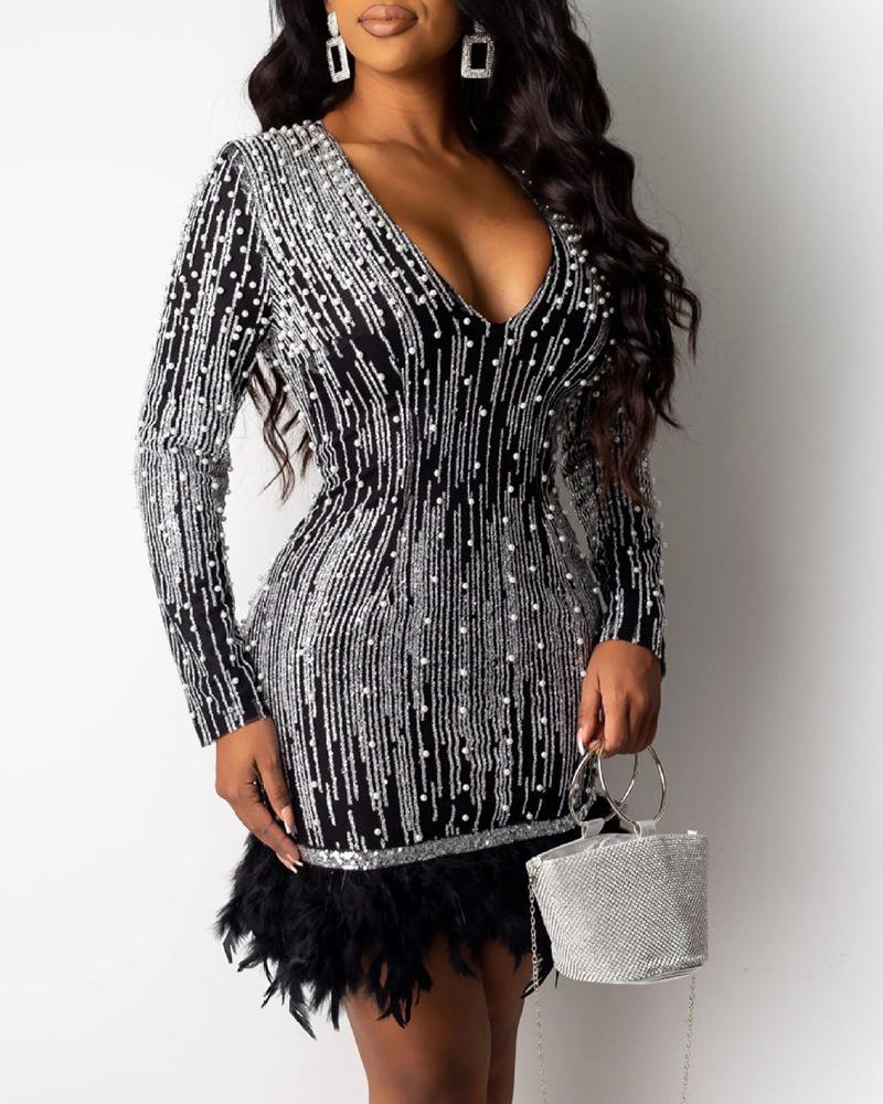 

Beaded Feather Long Sleeve Bodycon Dress, Black
