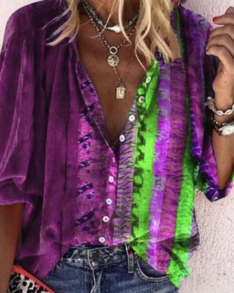 

All Over Print Button Design Long Sleeve Shirt, Purple