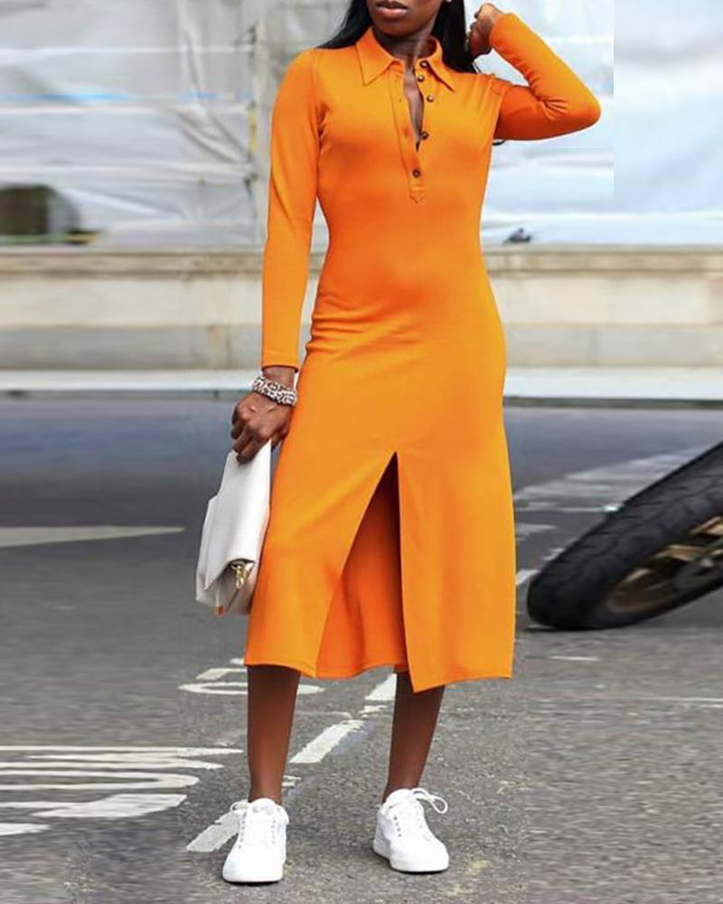 

Solid Button Detail Long Sleeve Slit Women Dress, Orange