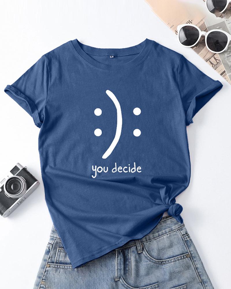 

Letter Smile Face Print Round Neck Short Sleeve T-Shirt, Blue