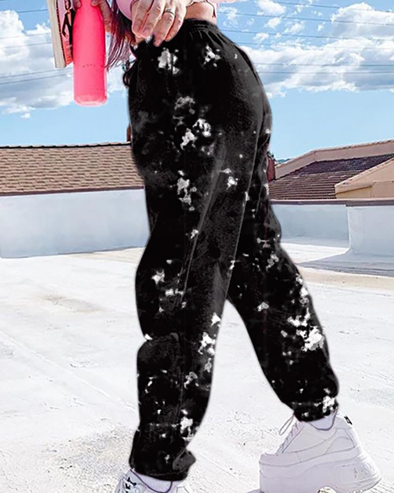 

Tie Dye Print Pocket Design Casual Pants, Black