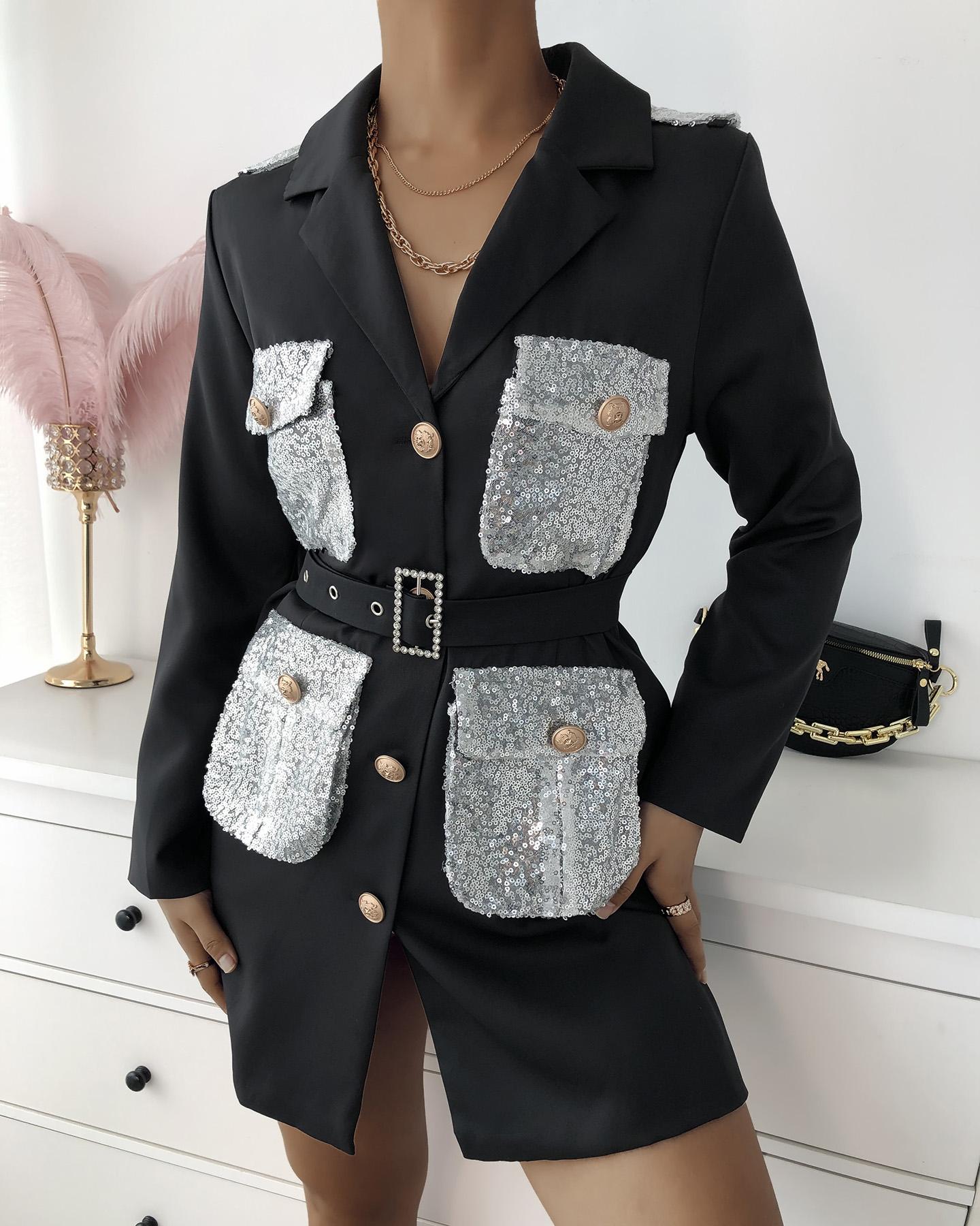 

Sequins Pocket Button Design Blazer Dress, Black