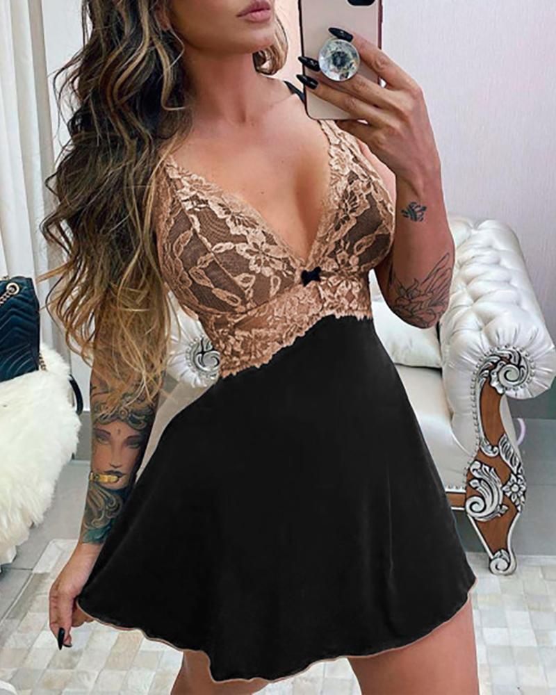

Crochet Lace Crisscorss Backless Sheer Mesh Babydoll, Black