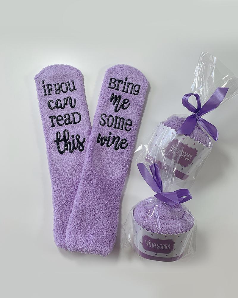 

Funny Letter Print Crew Socks, Purple