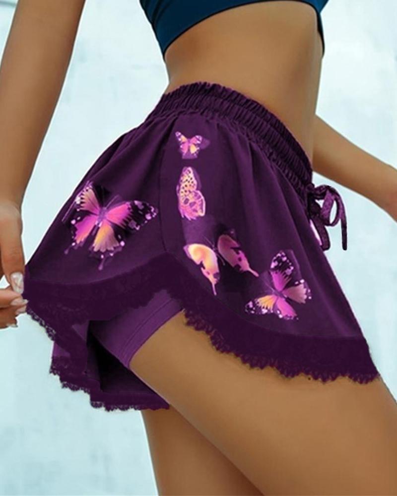 

Butterfly Print Drawstring Waist Lace Trim Shorts, Purple