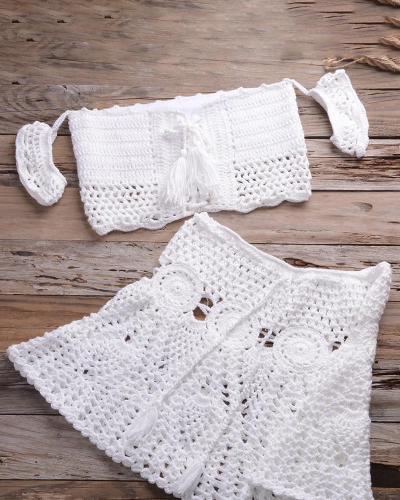 

Hollow Out Tassel Design Crochet Tankini Set, White