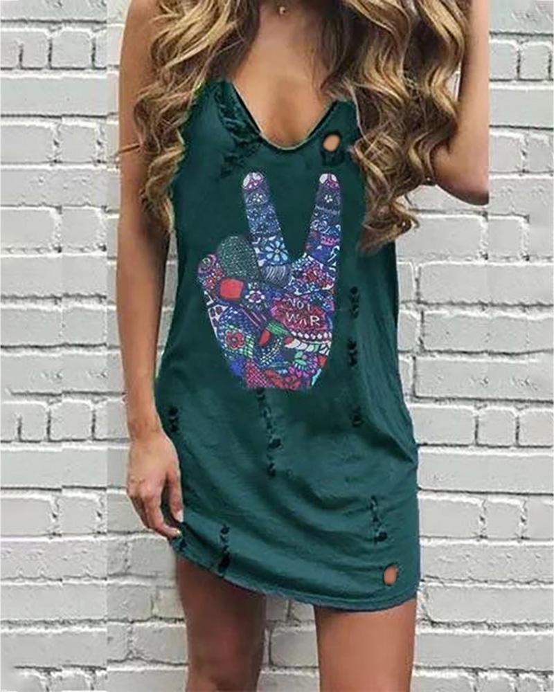 

Finger Pattern Print Hollow Out Casual Dress, Green
