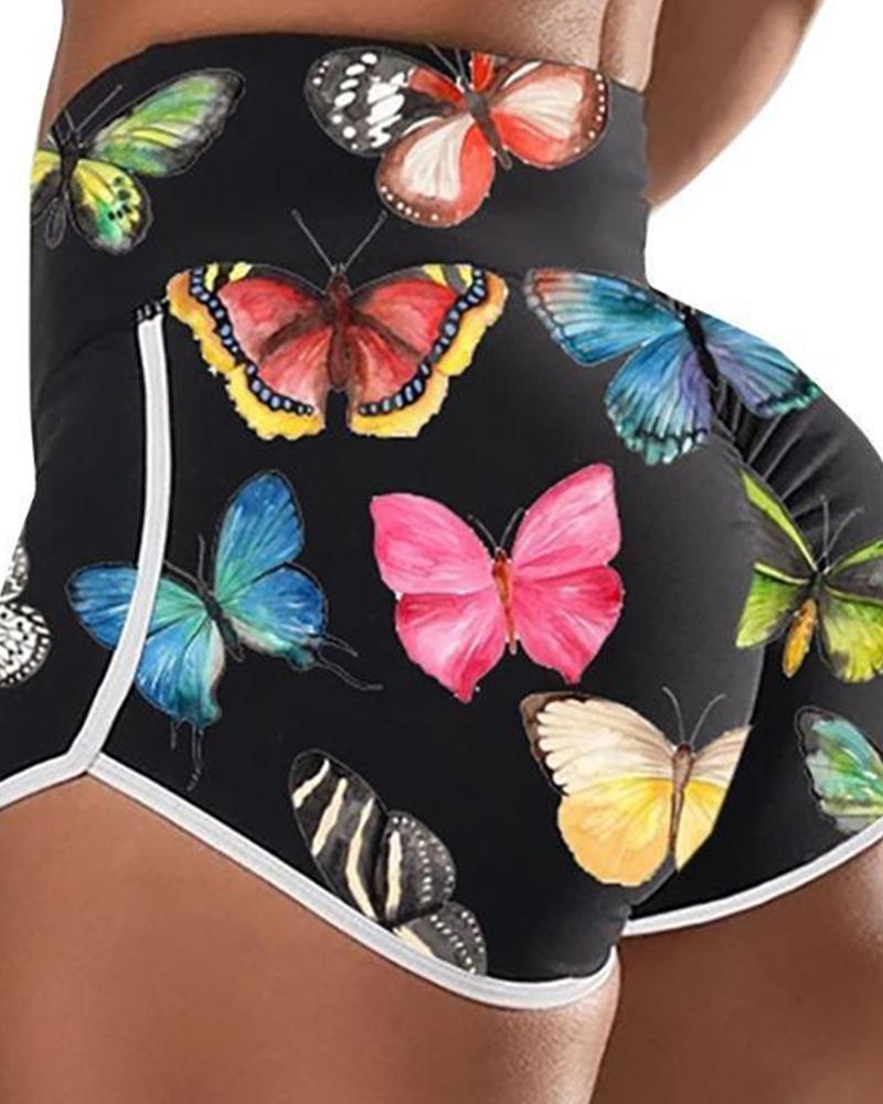 

Mulitcolor Butterfly Skinny Slit High Waist Shorts, Black