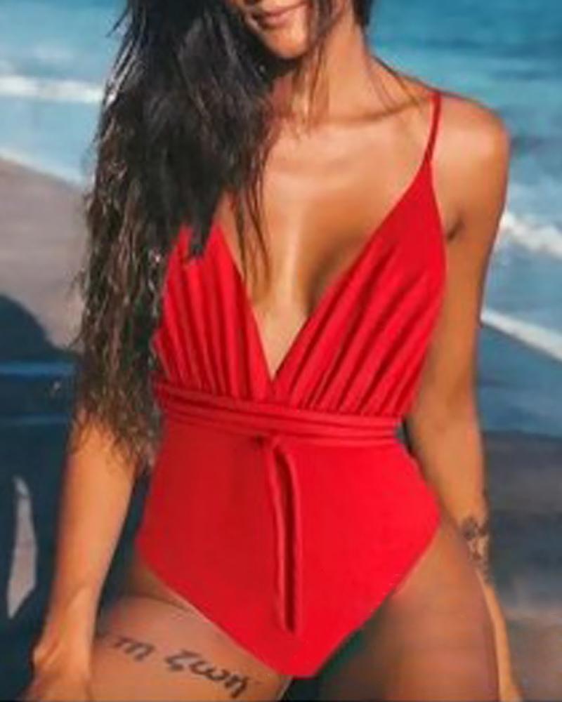 

Solid Spaghetti Strap One Piece Swimsuit, Red