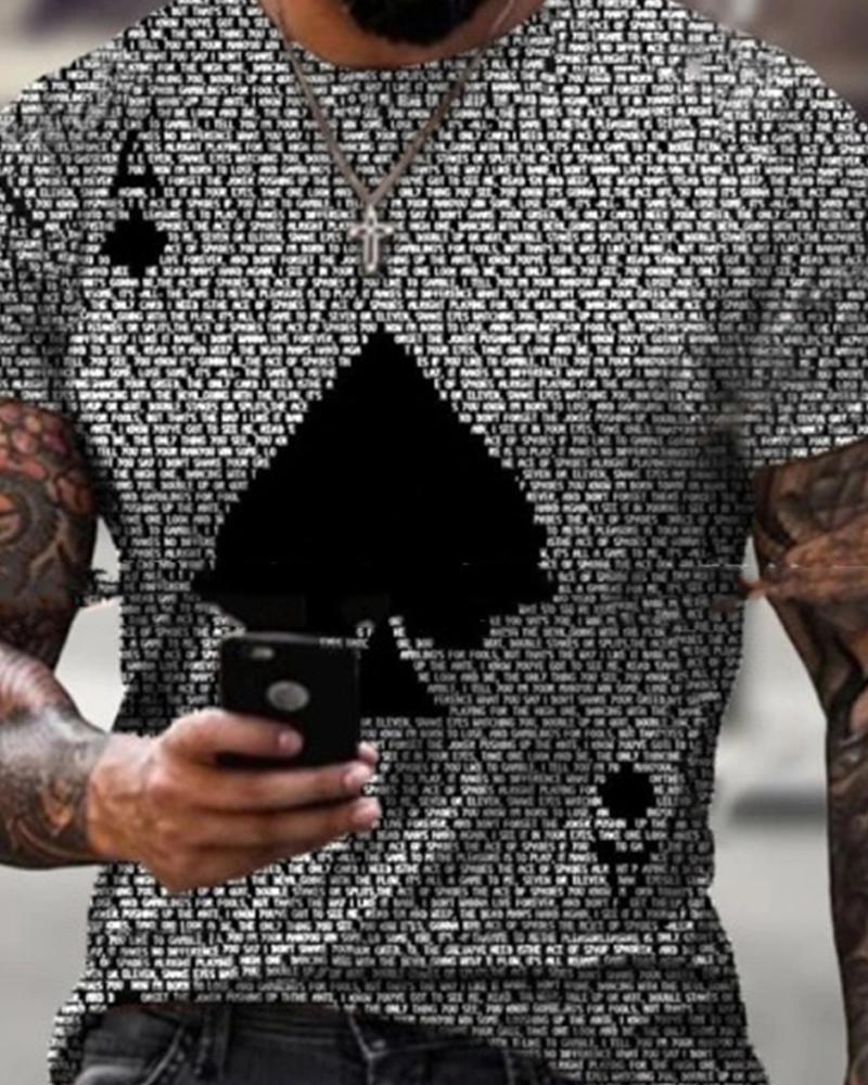 

Poker Print Short Sleeve Loose T-shirt, Gray