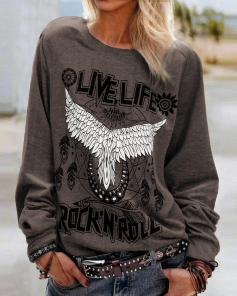 

Letter Eagle Print Long Sleeve Top, Coffee