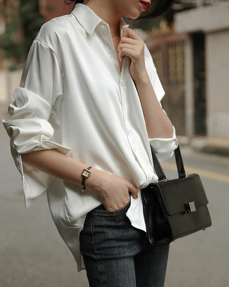 

Solid Long sleeve Button Through Satin Shirt, White