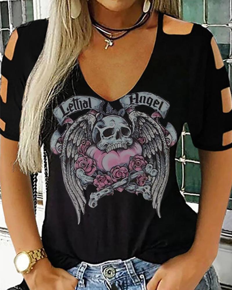 

Letter / Skull / Floral Print Cutout Casual T-shirt, Black