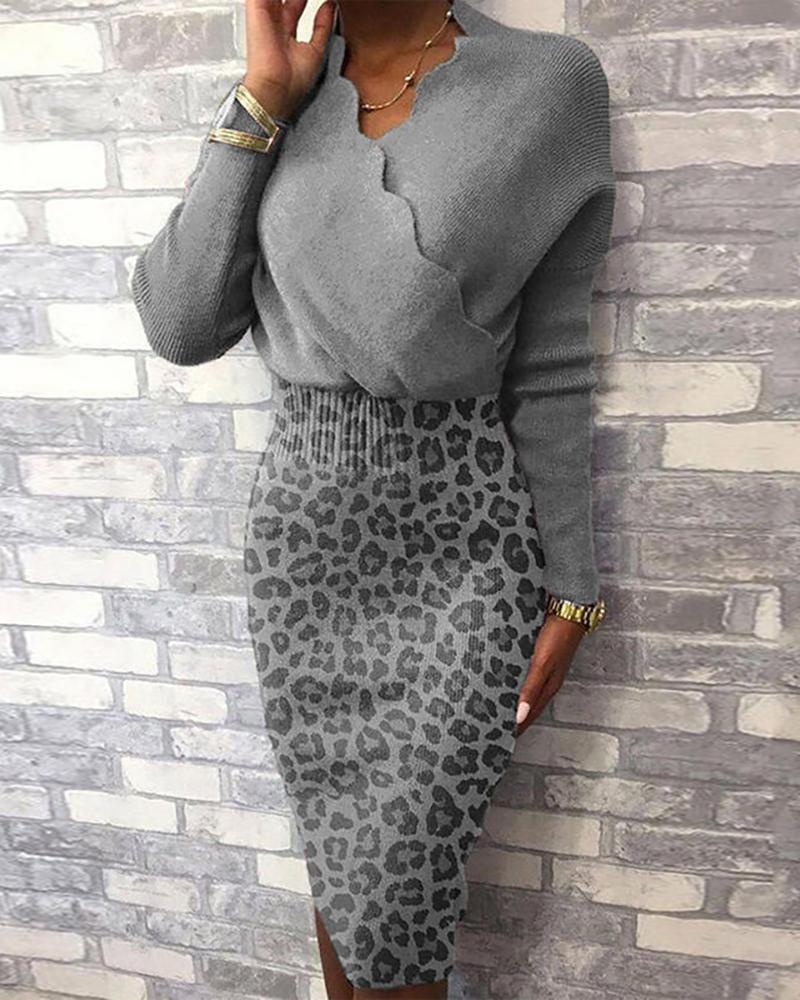 

Cheetah Print Long Sleeve Wrap Midi Dress, Gray