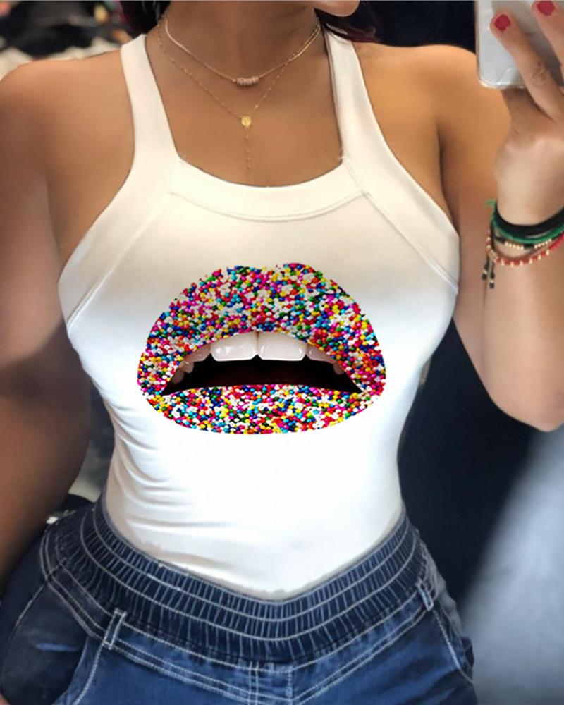 

Thick Strap Colorful Kiss Print Sporty Top, White