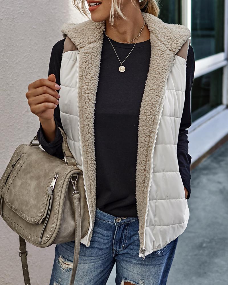 

Zipper Design Fluffy Casual Hooded Vest, Apricot