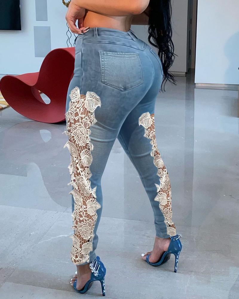 

Contrast Lace High Waist Skinny Jeans, Light blue