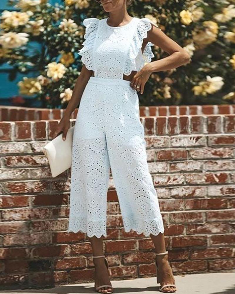 

Eyelet Embroidery Ruffles Jumpsuit, White