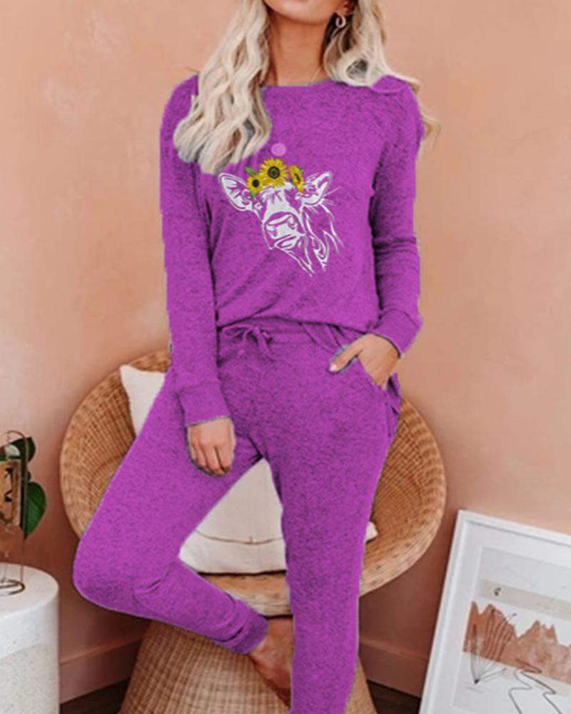 

Print Long Sleeve Loose Suit Sets, Purple