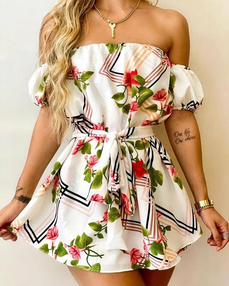

Off Shoulder Floral Print Short Sleeve Casual Dress, White