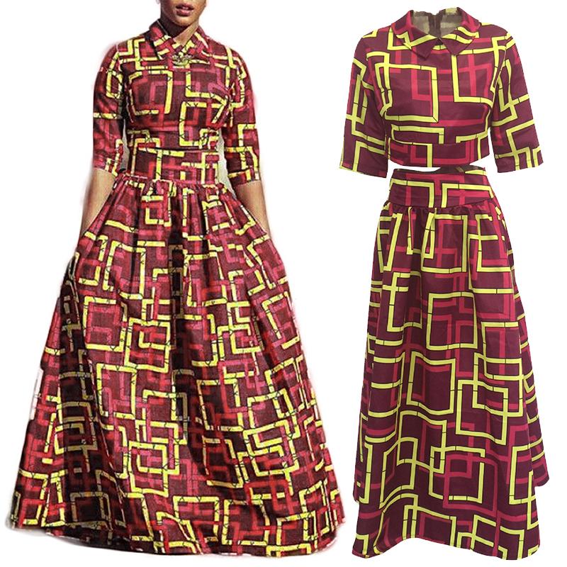 

Trendy Ethnic Print Cropped Maxi Skirt Set, Red