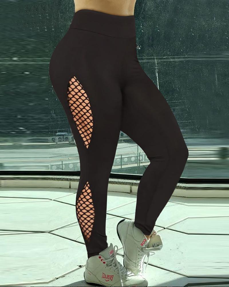 

Solid Fishnet Patchwork Skinny High Elastic Yoga Pants Active Pants, Black