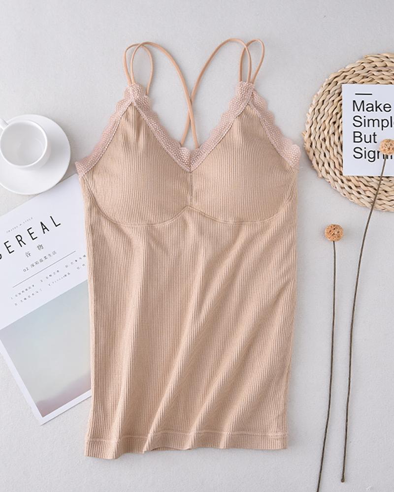 

Lined Underwear Tops Lace Trim Cami Tank Vest Undershirt, Nude