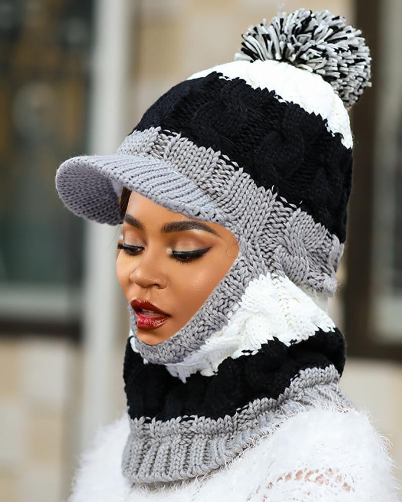 

2 In 1 Pom Pom Colorblock Knit Beanie, Black