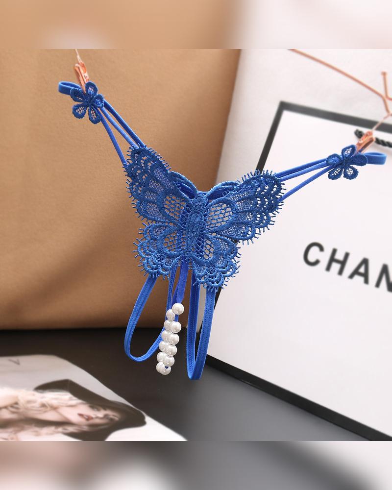 

Solid Lace Patchwork Skinny T-string Panties, Blue