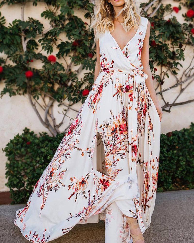 

Floral Print Slit Maxi Dress, White