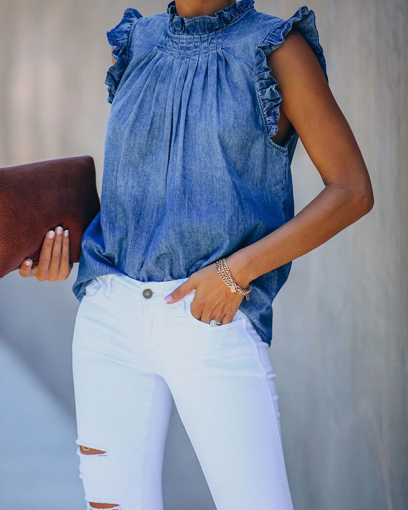 

Ruffles Back Button-up Denim Top, Blue