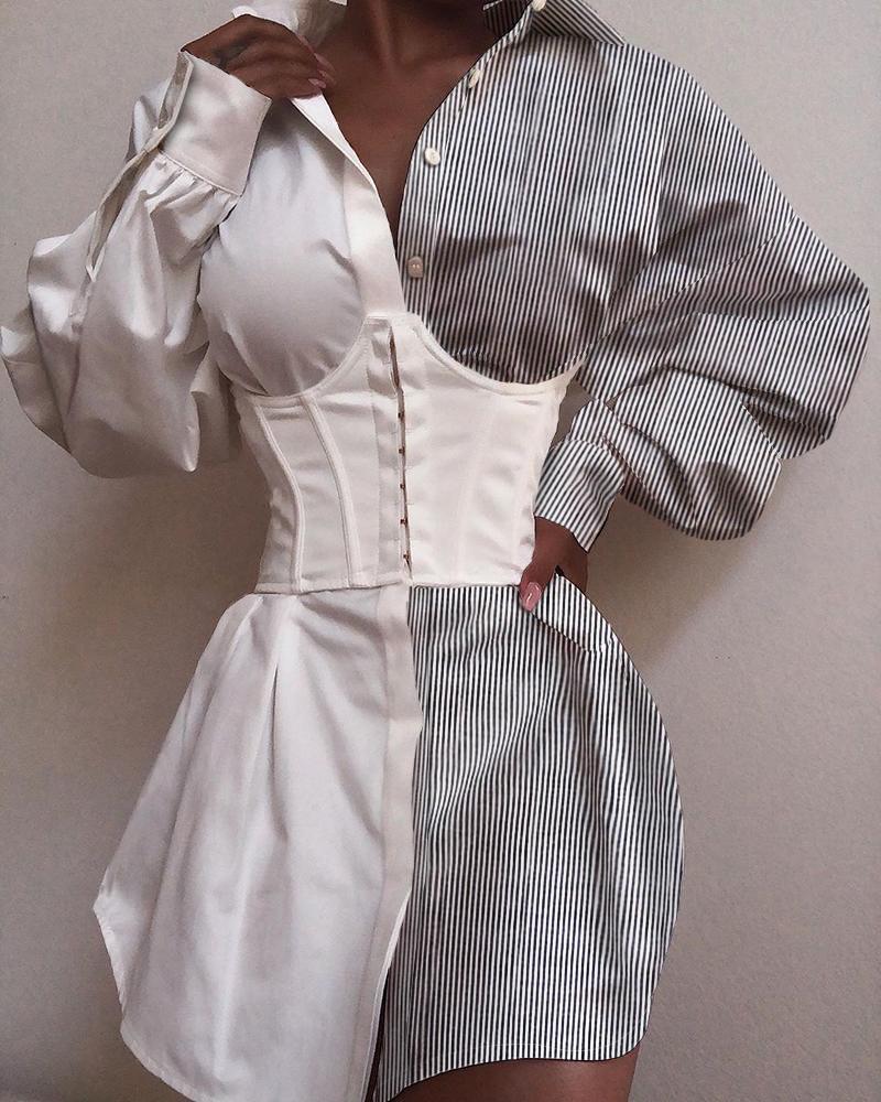 solid long sleeve tight waist buttoned shirt dress