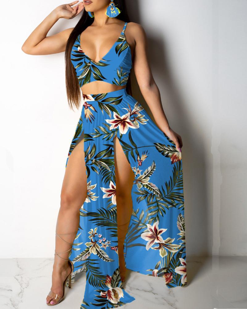 

Tropical Print Cami Top & Thigh Slit Skirt Sets, Dark blue