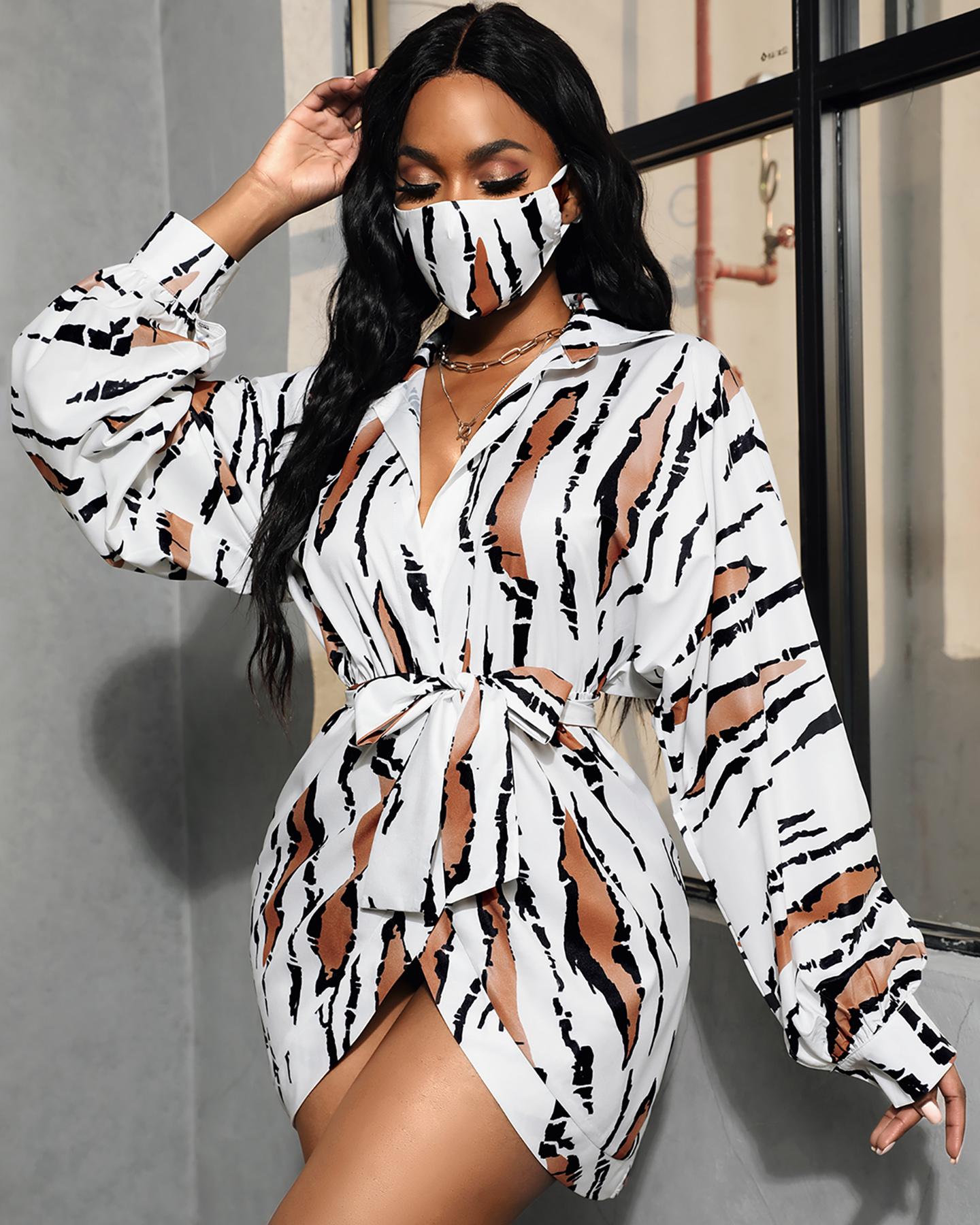 

Leopard Print Lantern Sleeve Shirt Dress With Mask, White